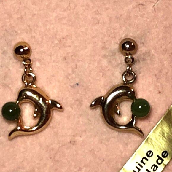 Dolphin Jade Pierced Dangle Earrings Gold Tone - Picture 1 of 5